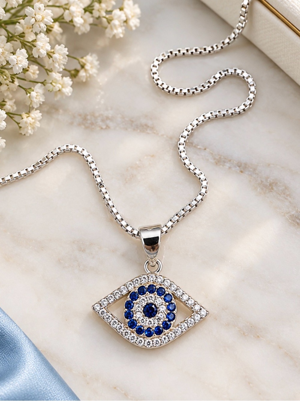 Sterling Silver Blue Evil Eye Pendant Necklace - 925